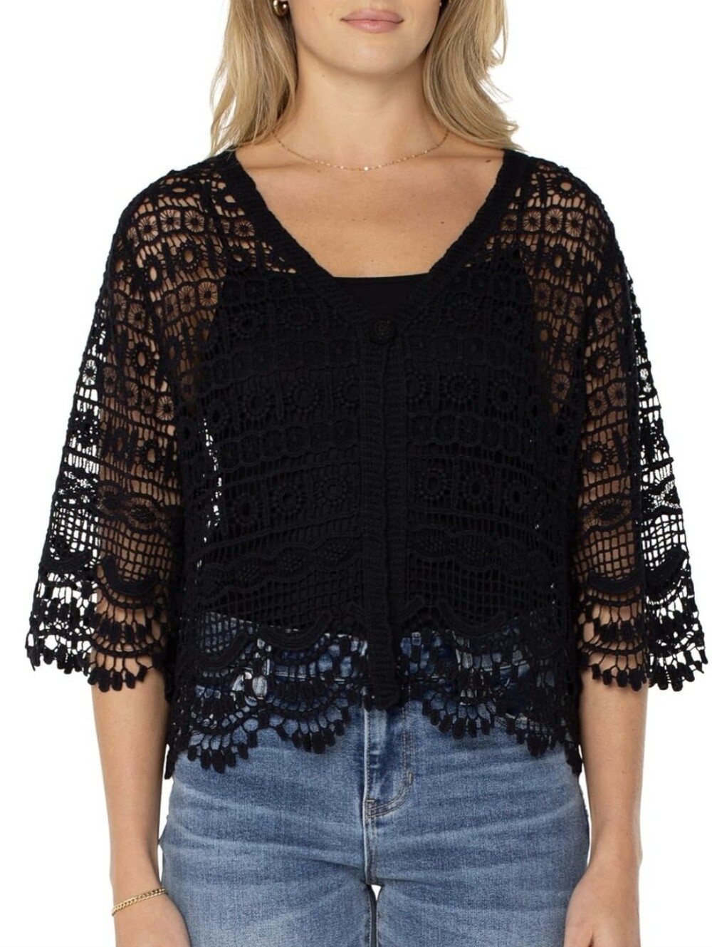 Liverpool Los Angeles Boho 100% Cotton Black Lace Crochet Button Cardigan L/XL